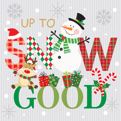 christmas greeting card with snowman, reindeer and lettering