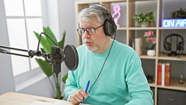 Grey-haired man in headphones speaks into microphone in radio studio, pen in hand, on air sign illuminating.