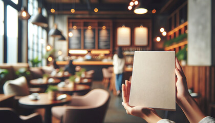 Female hands holding a blank white menu with a blurred cafe interior in the background, conveying hospitality and comfort.