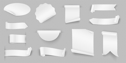 White advertising tags realistic vector illustration set. Announcing about event badges and ribbons 3d models on transparent background.
