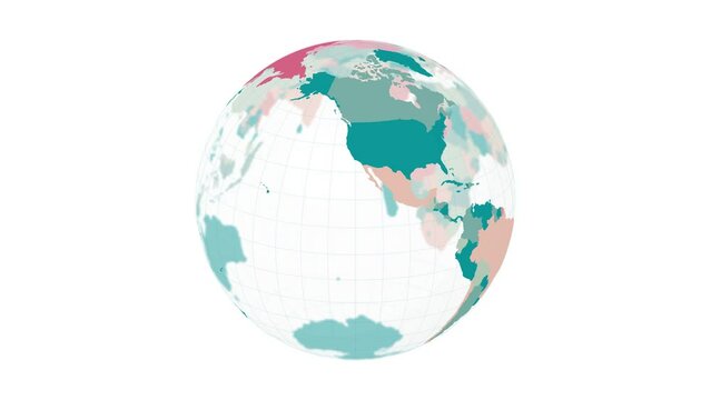Rotating globe. Transparent Earth planet in yellow and pink colors spinning on a white background. 4K appealing loop animation.
