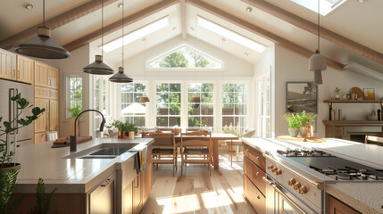 Obraz premium modern kitchen with garden view windows and a warm ambiance