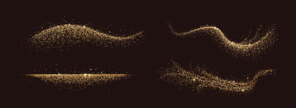 Shiny golden glitter patterns realistic vector illustration set. Brilliant fairy dust trails 3d elements on black background collection