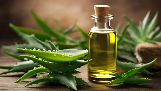 aloe vera oil, Herbal and organic oil, & water extract, a concept of alternative medicine made using aloe vera and other natural compounds leaves created with generative ai.