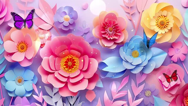 beautiful paper art flowers background papercut. seamless looping overlay 4k virtual video animation background