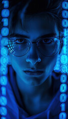 Young programmer looking at the monitor in front of him. Monitor illuminating his face and creating a reflection on his glasses. The reflection shows binary code.
