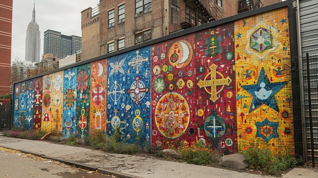 Show a mural wall that blends symbols from multiple religions into one cohesive artwork