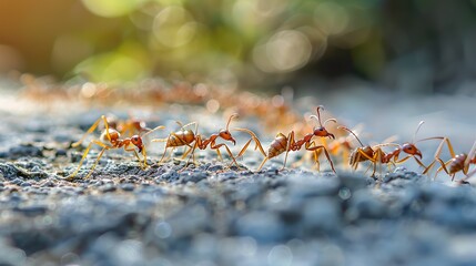 A colony of ants marching in a steady line