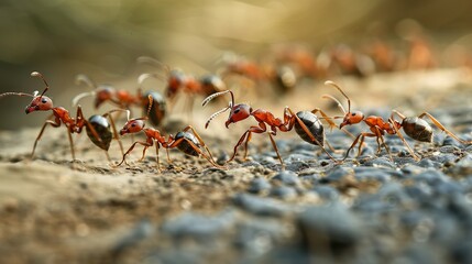 Fototapeta premium A colony of ants marching in a steady line