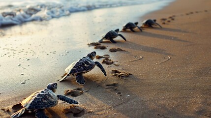 Obraz premium A group of sea turtles making their way across the sandy beach