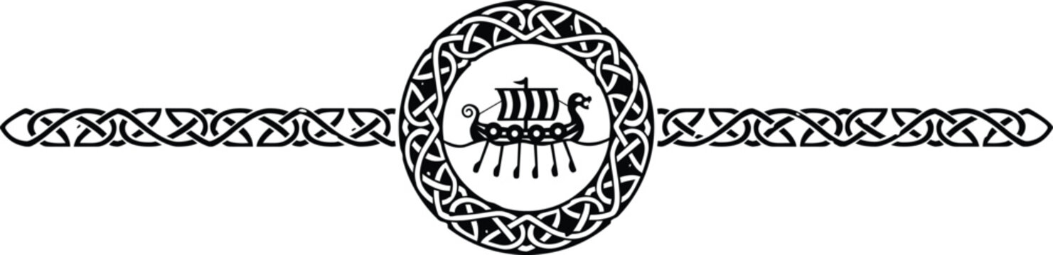 Ornate Celtic Pattern Circle Header with Viking Drakkar Ship