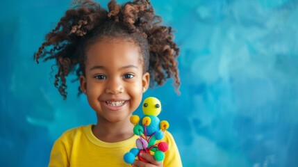 A child standing with a big smile displaying a handmade puppet they have just finished creating. They used felt buttons and yarn to bring their puppet to life. - obrazy, fototapety, plakaty