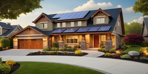 A high-end suburban home designed with eco-friendly features, featuring a photovoltaic system on its roof with solar panels on the gable roof and driveway, surrounded by a gorgeous landscaped yard. - obrazy, fototapety, plakaty