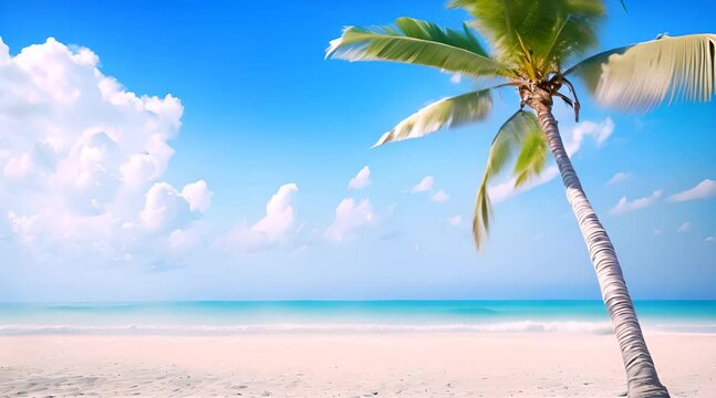 Palm tree on tropical beach with blue sky and white clouds abstract background