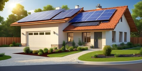 A smartly designed house featuring a photovoltaic system on the roof, complete with a picturesque...