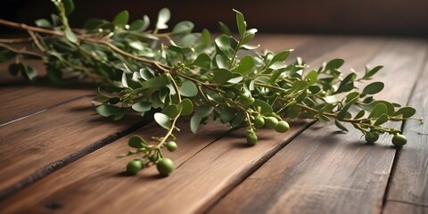 A naturalistic portrayal of mistletoe branches gently placed on a wooden background, as if nature's blessings have fallen upon it.