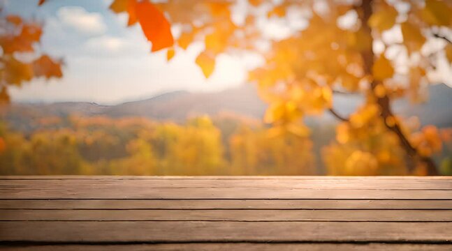 The empty wooden table top with blur background of autumns.mp4, The empty wooden table top with blur background of autum