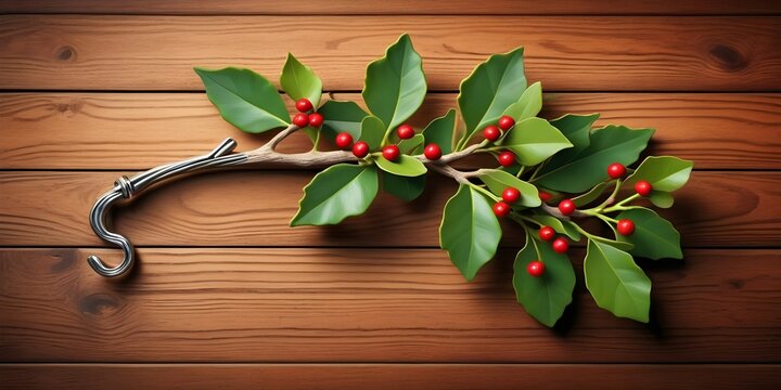 A captivating image of a mistletoe branch hanging gracefully from a wooden hook, its vibrant leaves adding a touch of liveliness.