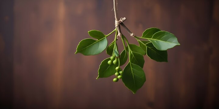 A captivating image of a mistletoe branch hanging gracefully from a wooden hook, its vibrant leaves adding a touch of liveliness.