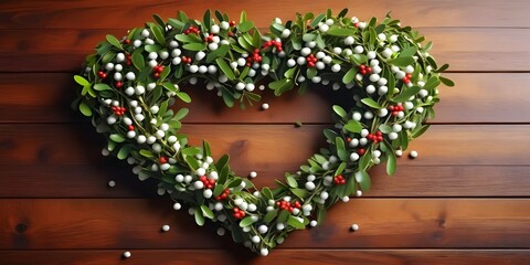 A striking composition of mistletoe branches arranged in a heart shape, their white berries creating a captivating contrast against the wooden background.