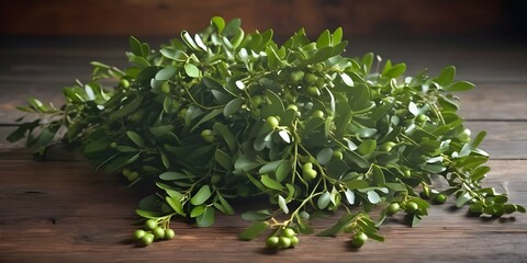 A cluster of mistletoe branches gracefully arranged on a wooden background, their lush green leaves forming a beautiful natural pattern.