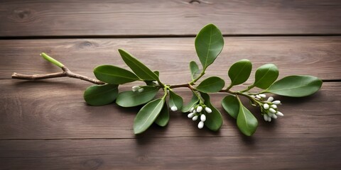 A stunning mistletoe branch delicately hanging from a wooden surface, its vibrant green leaves contrasting with the rustic backdrop