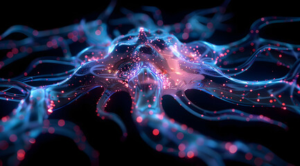 a computer generated image of a brain cell with red and blue lights coming out of it