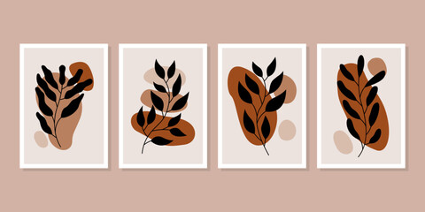 Boho aesthetic abstract botanical wall art poster prints. Leaf plant beauty, neutral natural colors. Plant fruit posters. Vector illustration