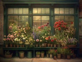 Fototapeta na wymiar Flower shop window with flowers in vintage style. Beautiful floral background for greeting card and banner design. Cute illustration in retro style