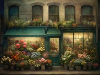 Fototapeta na wymiar Flower shop window in old town of New York City, USA. Facade of the flower store. Bouquets of flowers in a shop window. Vintage style. Watercolor Illustration