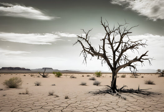 Single of Scorched Tree on Wasteland in Drought, depiction on impact about climate change