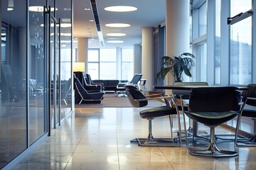  Still life shot of an empty modern office furnished with tables and chairs