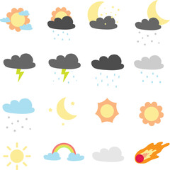 weather vector set, ,sun, clouds, raining, lightning, snowing, rainbow, meteor, moon and stars 