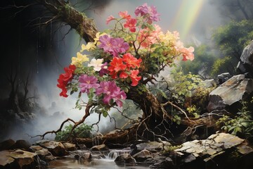 Fototapeta na wymiar Beautiful tree fantasy land oil painting with generative AI