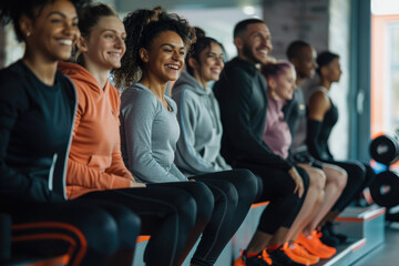 A group of people doing lunge squats on a step platform in the gym, dressed in sportswear and sweat pants, wearing sneakers - obrazy, fototapety, plakaty