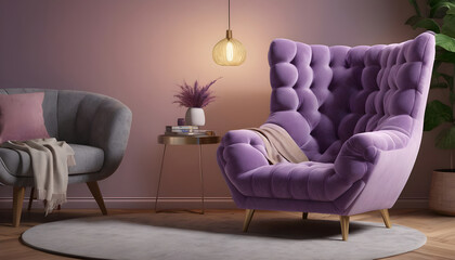 Boho home interior design of modern living room Purple chair 8