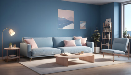 Naklejka na ściany i meble Sofa and book blue wall Scandinavian home interior 6