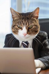 Professional Cat with Laptop in Modern Office