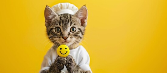 Happy Chef Cat Holding Smiley Ball on Yellow Background
