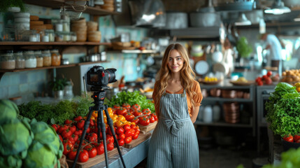 A woman runs a cooking blog about healthy food, a girly cooking show, filming on camera, social media. generative ai