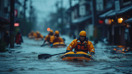 洪水・水害・水没・大雨・豪雨・台風・自然災害の被災地に救助に行くカヤックに乗った救助隊 - obrazy, fototapety, plakaty