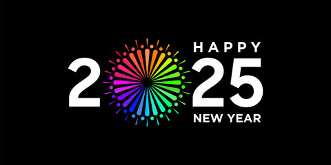happy new year 2025 design, with colorful fireworks black background, 2025 calendar