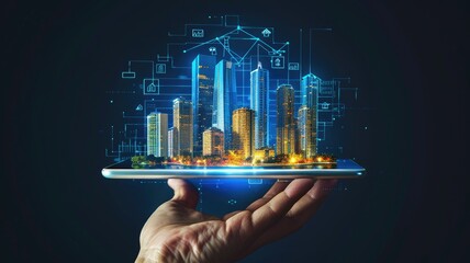 Innovative smart city concept on handheld device - A hand holds a digital tablet displaying an augmented reality of smart cityscape, indicating urban innovation