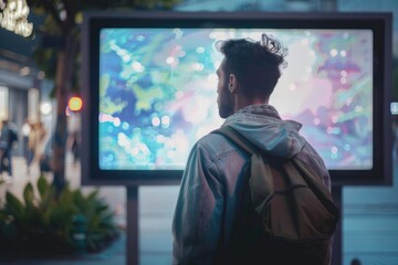 Man Observing Colorful Digital Art Display - A contemplative man with a backpack observes a vibrant, colorful digital art installation at night