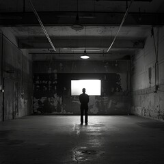 Silhouette of a man in an abandoned warehouse - A lone figure stands in a large abandoned warehouse illuminated by a singular light source, creating a somber mood
