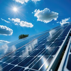 Solar panels with sun and clouds in the sky - Green energy represented through gleaming solar panels under a clear sky with sun and clouds