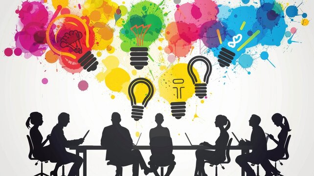 Silhouettes meeting under colorful idea bulbs - Illustration of business meeting and brainstorming with colorful light bulbs symbolizing ideas and creativity