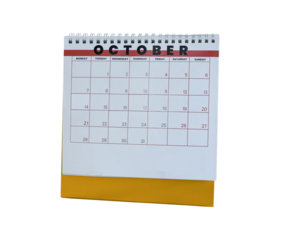 October 2024 calendar. Page of the annual a desk calendar isolated on transparent background. PNG File