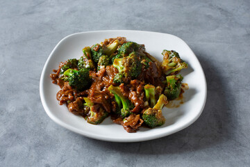 A view of a plate of broccoli beef.