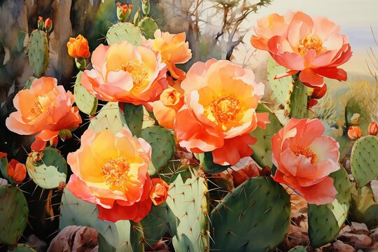 Cactus succulent flower oil painting wall art with generative AI